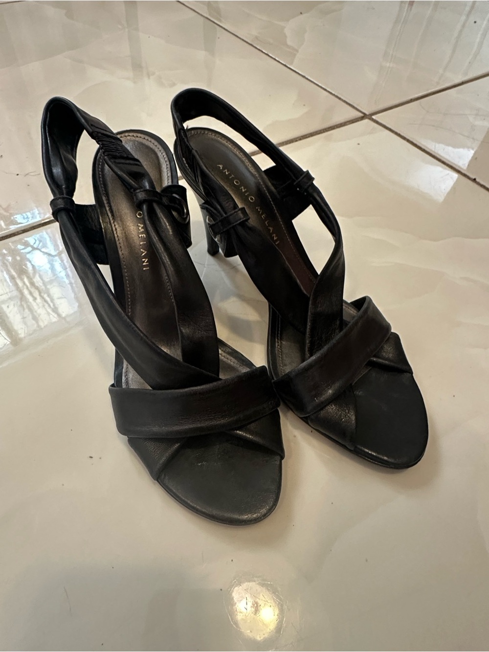 ANTONIO MELANI Black Leather Crisscross Slingback Heels